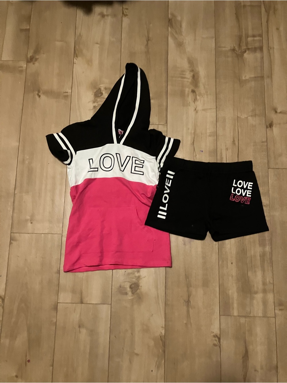 Girls' Hooded 'LOVE' Tee & Shorts Set - Black, White & Hot Pink